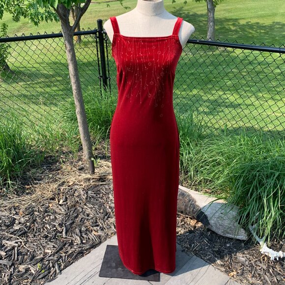 Vintage 90s Red Velvet Maxi Slip Dress Square Neck Glitter Side Slit Long Gown - Picture 5 of 16